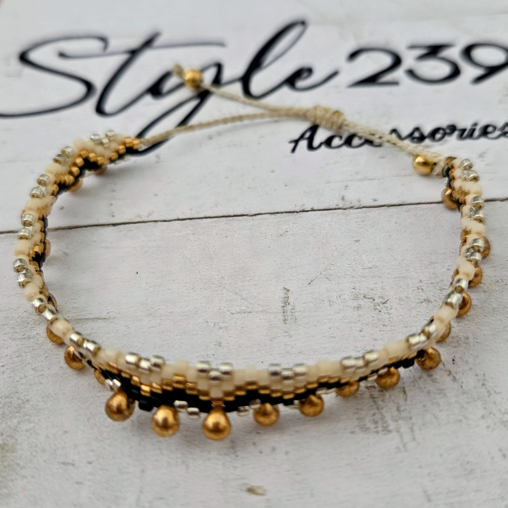 Gold Beaded Women's Bracelet - Cream & Black
